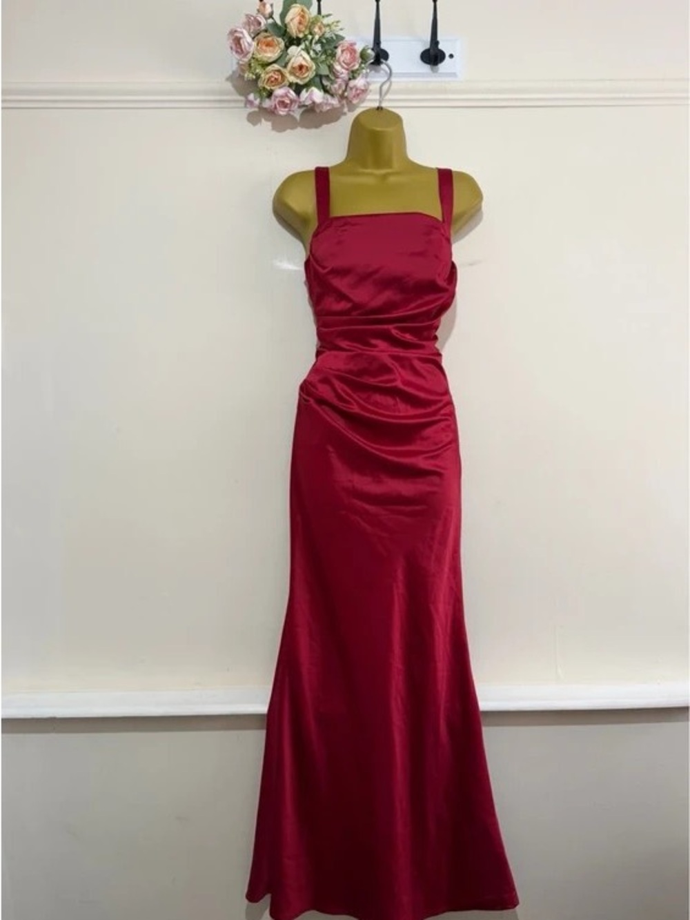 Elegant Crimson Satin Maxi Dress with Square Neck